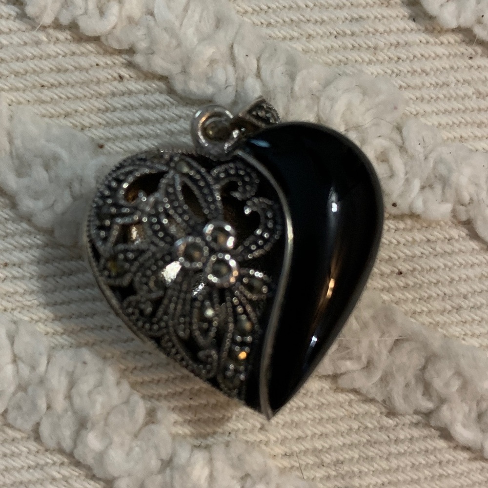 Marcasite and Onyx Sterling Silver Heart Locket